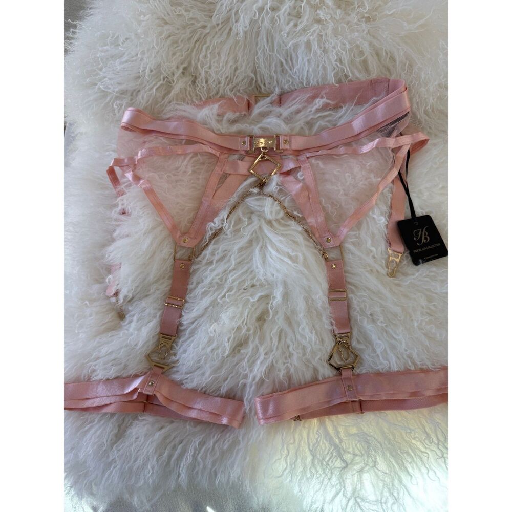 HONEY BIRDETTE INDRIA Pink & Gold Garter Belt/Suspender w Thigh Garters L NWT